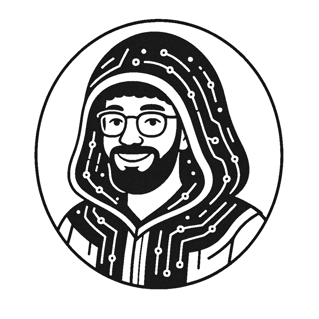 Illustrated portrait of JCXYZ in a circuit-lined technomancer robe.